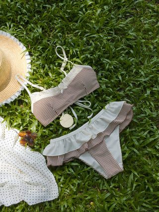 Coffee Striped Spliced Ruched Ruffles Bowknot Skirtini Bikini Set