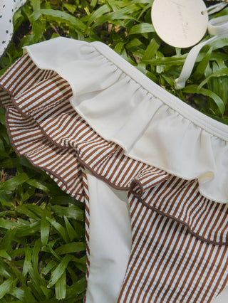 Coffee Striped Spliced Ruched Ruffles Bowknot Skirtini Bikini Set
