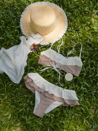 Coffee Striped Spliced Ruched Ruffles Bowknot Skirtini Bikini Set