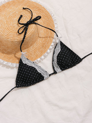 Black Polka Dot Print  Lace Bowknot Halter Triangle Bikini Top