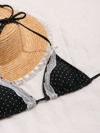 Black Polka Dot Print  Lace Bowknot Halter Triangle Bikini Top