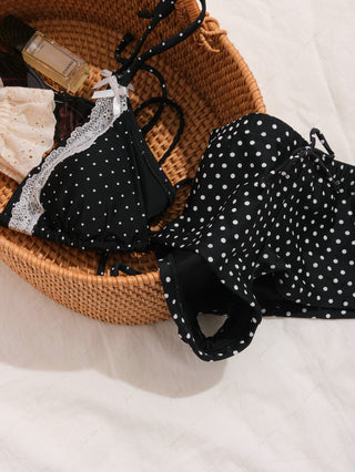 Black Polka Dot Print  Lace Bowknot Halter Triangle Bikini Top