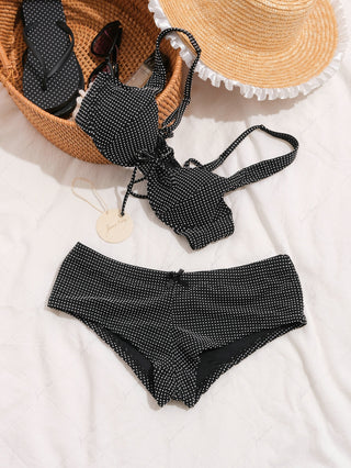 Black Pin Dot Jacquard Fabric Picot Underwire Cheeky Boyshorts Bikini Set