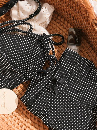 Black Pin Dot Jacquard Fabric Picot Underwire Cheeky Boyshorts Bikini Set