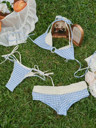 Light Blue Bubble Grid Textured O Ring Double Layer Top & Cheeky Boyshorts Bikini Set