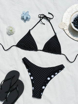 Black Polka Dot Print Halter Triangle Reversible Bikini Top