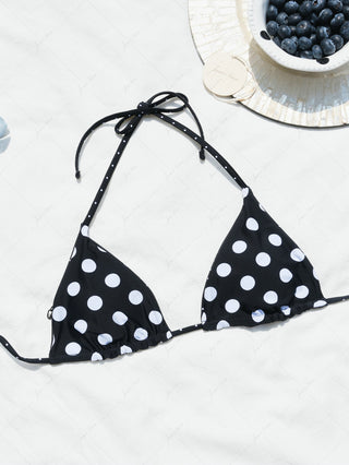 Black Polka Dot Print Halter Triangle Reversible Bikini Top
