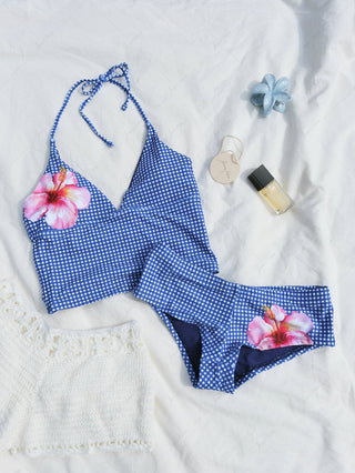 Deep Blue Plaid Floral Hibiscus Halter Bikini Tankini Top