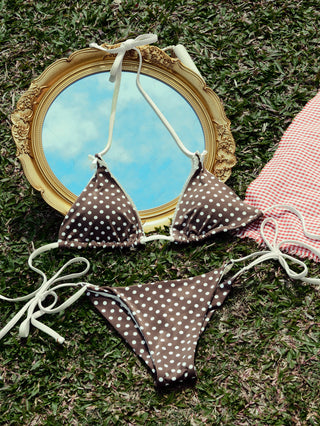 Deep Coffee Polka Dot Lace Bowknot Triangle Top & Cheeky Brazilian Bottom Bikini Set