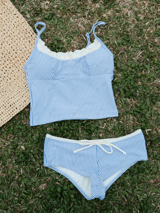 Light Blue Striped Spliced Ruched Ruffles Top & Cheeky Boyshorts Tankini Set