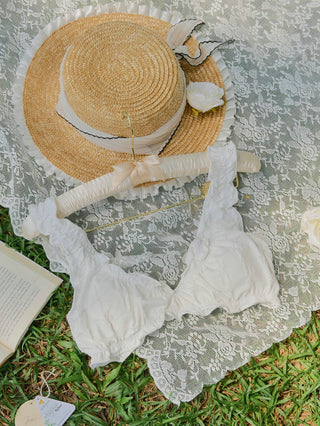 White Recycled Fabric Jacquard Ruffles Edge Bralette Bikini Set