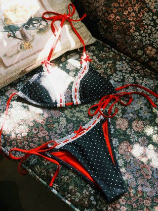 Black Polka Dot Print Vintage Lace Bowknot Halter Triangle Bikini Set