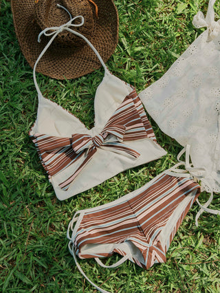 Deep Coffee Ribbed Striped Halter Tied Back Top & Cutout Tie Side Cheeky Boyshorts Tankini Set
