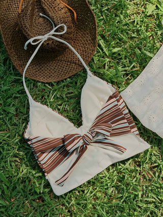 Deep Coffee Ribbed Striped Halter Tied Back Top & Cutout Tie Side Cheeky Boyshorts Tankini Set