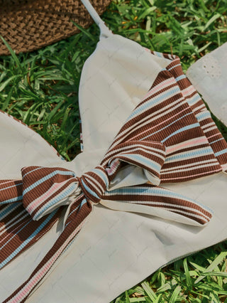 Deep Coffee Ribbed Striped Halter Tied Back Top & Cutout Tie Side Cheeky Boyshorts Tankini Set