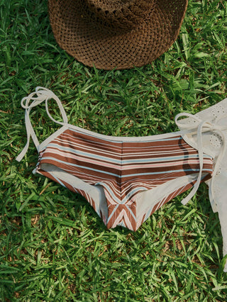 Deep Coffee Ribbed Striped Halter Tied Back Top & Cutout Tie Side Cheeky Boyshorts Tankini Set