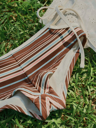 Deep Coffee Ribbed Striped Halter Tied Back Top & Cutout Tie Side Cheeky Boyshorts Tankini Set