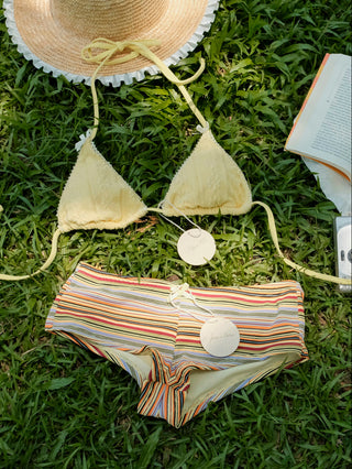 Yellow Jacquard Triangle Top & Ribbed Striped Cheeky Boyshorts Mix And Match Bikini Set