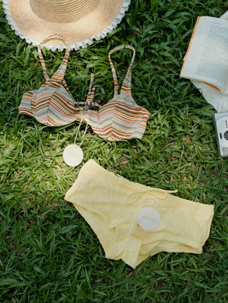Yellow Ribbed Striped Underwire Top & Jacquard Cheeky Boyshorts Mix And Match Bikini Set