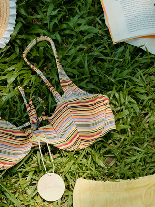 Yellow Ribbed Striped Underwire Top & Jacquard Cheeky Boyshorts Mix And Match Bikini Set