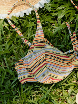 Yellow Ribbed Striped Underwire Top & Jacquard Cheeky Boyshorts Mix And Match Bikini Set