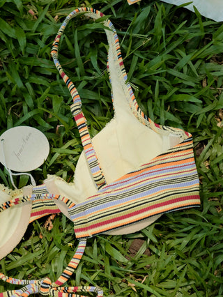 Yellow Ribbed Knit Striped Bowknot Underwire Cheeky Boyshorts Bikini Set