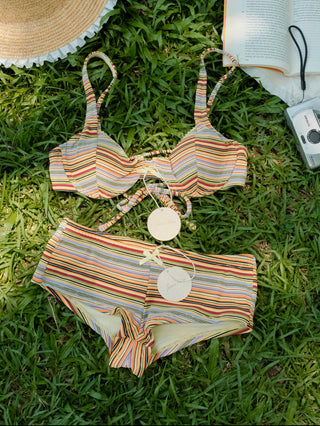 Yellow Ribbed Knit Striped Bowknot Underwire Cheeky Boyshorts Bikini Set