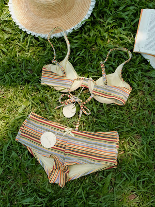 Yellow Ribbed Knit Striped Bowknot Underwire Cheeky Boyshorts Bikini Set