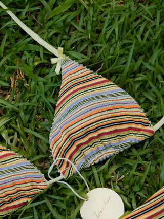 Yellow Ribbed Striped Lace Bowknot Triangle Cheeky Boyshorts Bikini Set