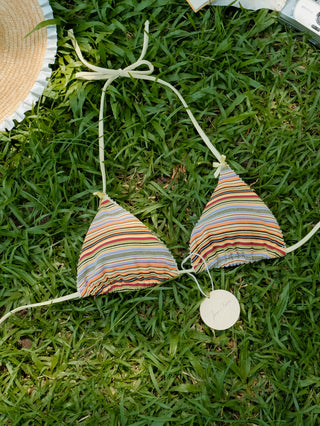Yellow Ribbed Striped Lace Bowknot Triangle Cheeky Boyshorts Bikini Set