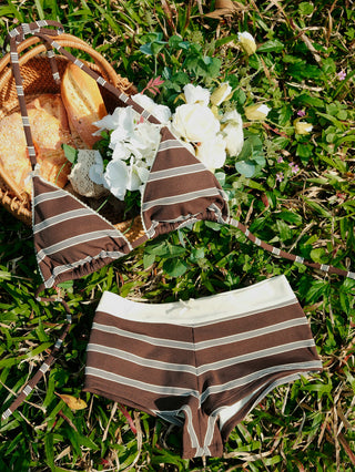 Deep Coffee Striped Lace Bowknot Triangle Top & Two-way Cheeky Boyshorts Bikini Set