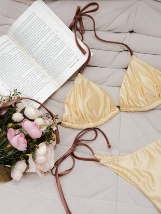 Light Yellow Satin Ruched Triangle Top & Cheeky Brazilian Bottom Bikini Set