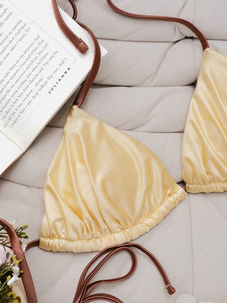 Light Yellow Satin Ruched Triangle Top & Cheeky Brazilian Bottom Bikini Set