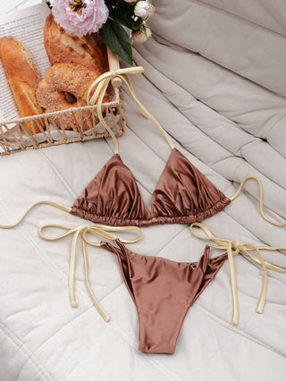 Coffee Satin Ruched Triangle Top & Cheeky Brazilian Bottom Bikini Set