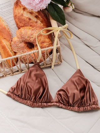 Coffee Satin Ruched Triangle Top & Cheeky Brazilian Bottom Bikini Set