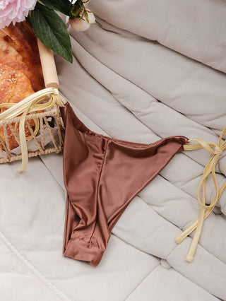 Coffee Satin Ruched Triangle Top & Cheeky Brazilian Bottom Bikini Set