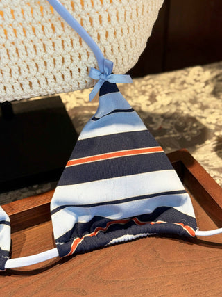 Blue Striped Bowknot Triangle Cheeky Boyshorts Bikini Set