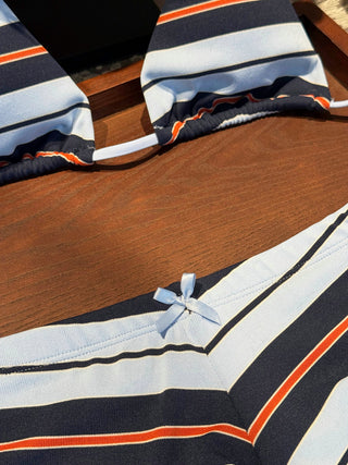 Blue Striped Bowknot Triangle Cheeky Boyshorts Bikini Set
