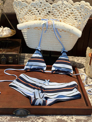 Blue Striped Bowknot Triangle Cheeky Boyshorts Bikini Set
