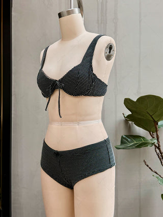 Black Pin Dot Jacquard Fabric Picot Underwire Cheeky Boyshorts Bikini Set