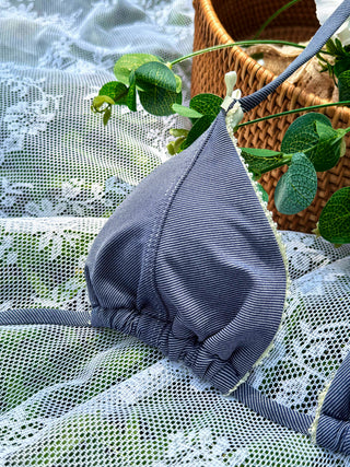 Deep Blue Denim Lace Bowknot Halter Triangle Bikini Top
