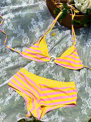 Yellow Striped Polka Dot O Ring Double Layer Top & Cheeky Boyshorts Bikini Set