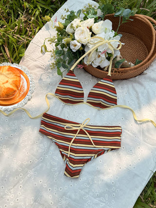 Yellow Knit Striped Halter Triangle Push Up Bikini Top