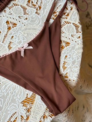 Coffee Contrast Picot Bowknot String Cheeky Brazilian Bikini Bottom