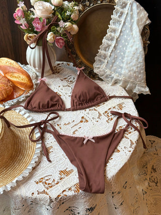 Coffee Contrast Picot Bowknot Halter Triangle Top & Cheeky Brazilian Bottom Bikini Set
