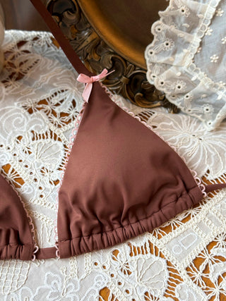 Coffee Contrast Picot Bowknot Halter Triangle Top & Cheeky Brazilian Bottom Bikini Set