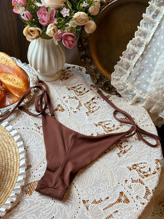 Coffee Contrast Picot Bowknot Halter Triangle Top & Cheeky Brazilian Bottom Bikini Set