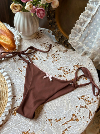 Coffee Contrast Picot Bowknot Halter Triangle Top & Cheeky Brazilian Bottom Bikini Set