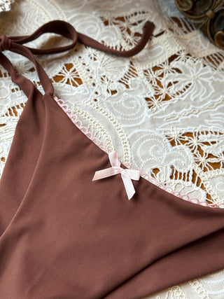 Coffee Contrast Picot Bowknot Halter Triangle Top & Cheeky Brazilian Bottom Bikini Set