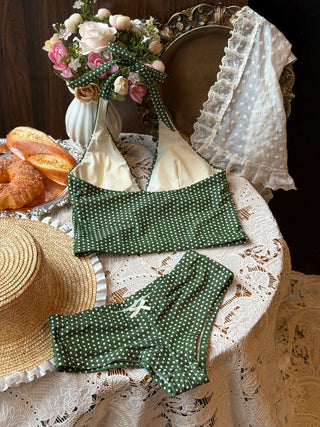 Plant Green Polka Dot Bowknot Deep V Neck Cheeky Boyshorts Tankini Set